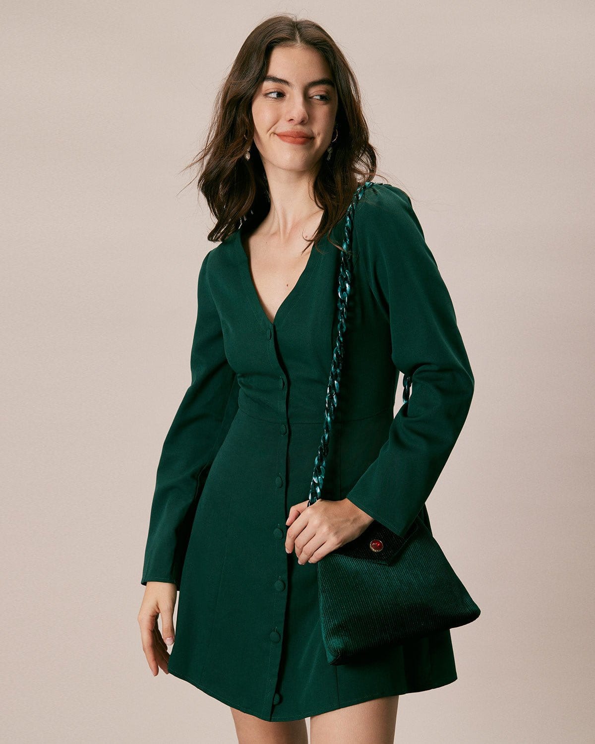The Green V Neck Button Shirt Mini Dress - Threadford