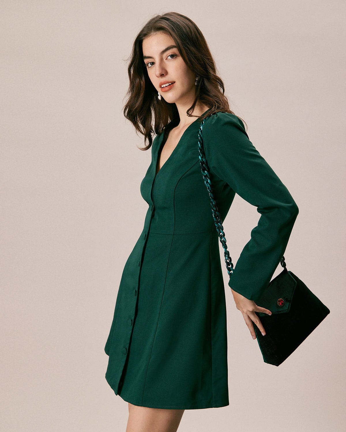 The Green V Neck Button Shirt Mini Dress - Threadford
