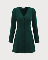 The Green V Neck Button Shirt Mini Dress - Threadford