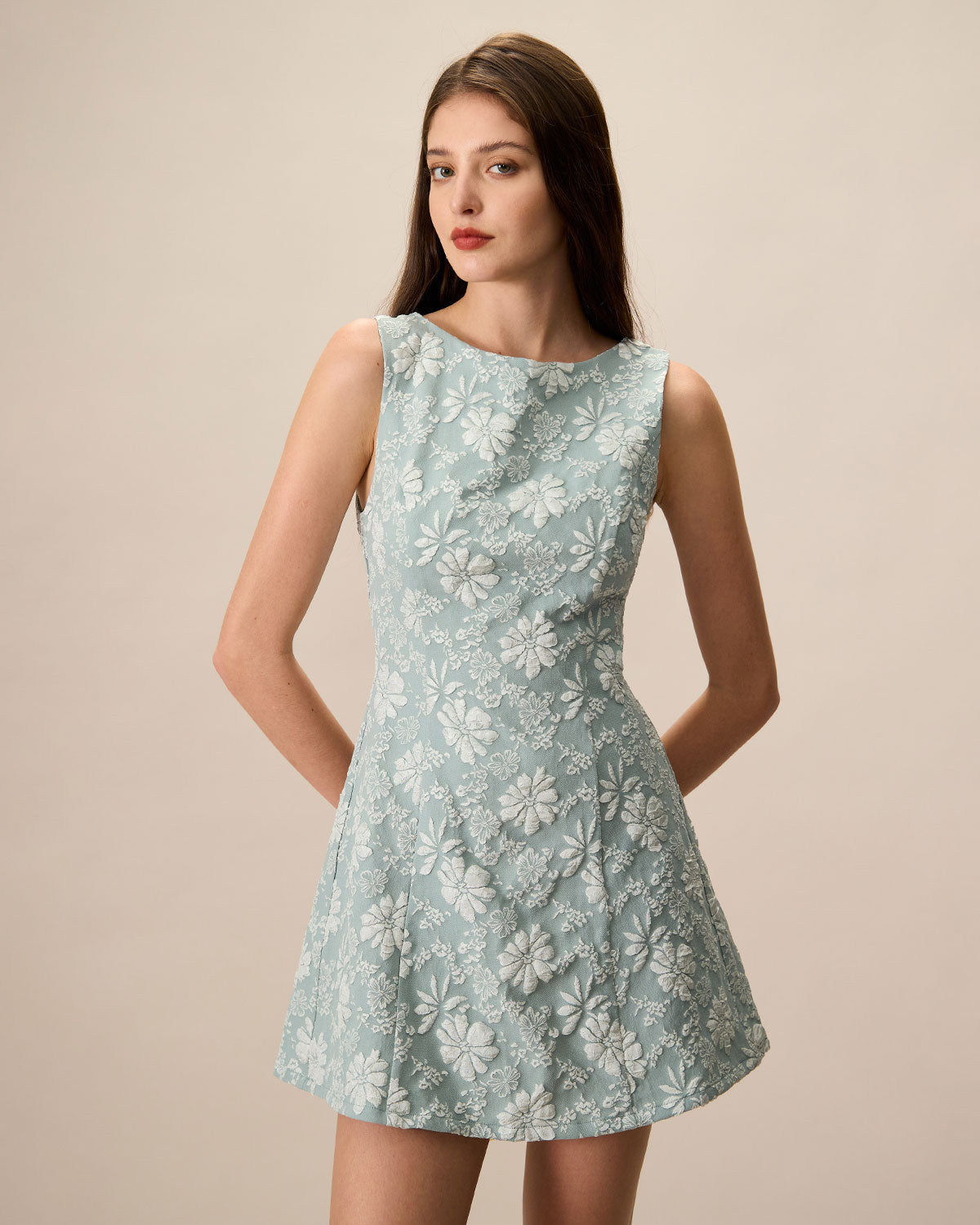 Women's Green Boat Neck Jacquard Mini Dress - Threadford