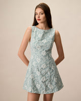 Women's Green Boat Neck Jacquard Mini Dress - Threadford