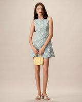 Women's Green Boat Neck Jacquard Mini Dress - Threadford