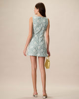 Women's Green Boat Neck Jacquard Mini Dress - Threadford