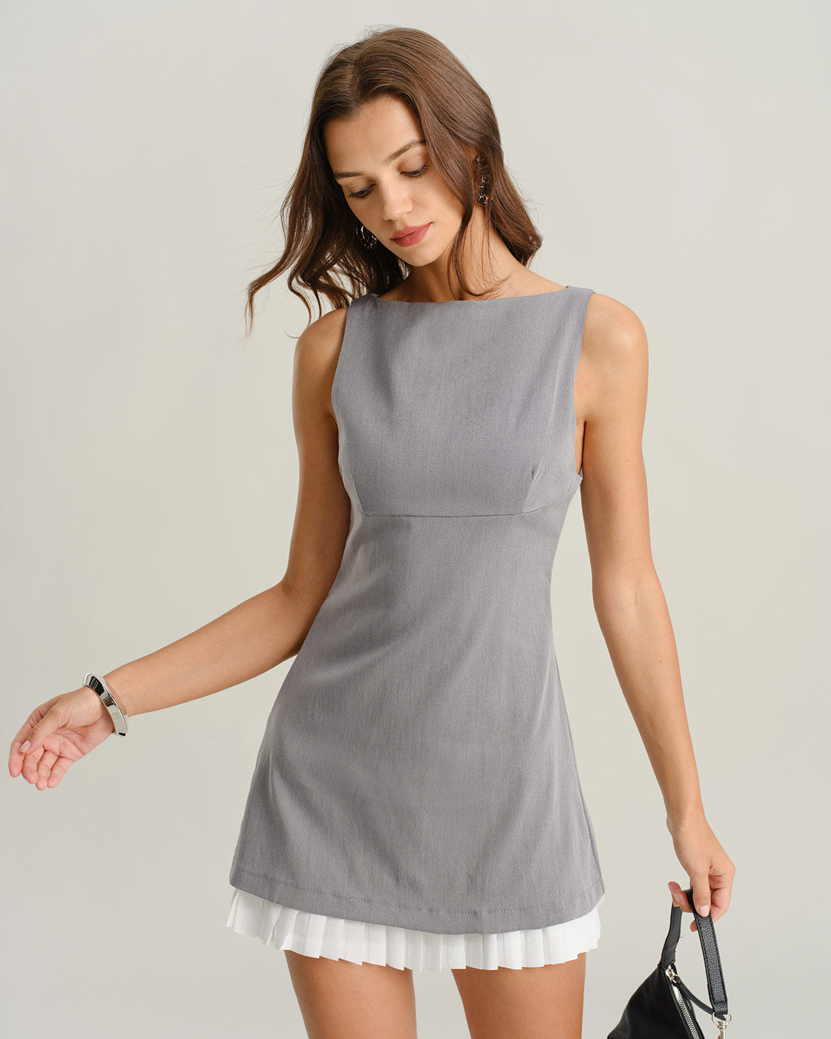 Grey Contrast Boat Neck Sleeveless Mini Dress - Threadford