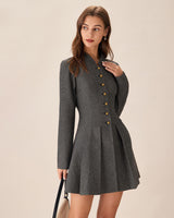 Grey Button Pleated Mini Dress - Threadford