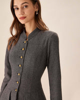 Grey Button Pleated Mini Dress - Threadford