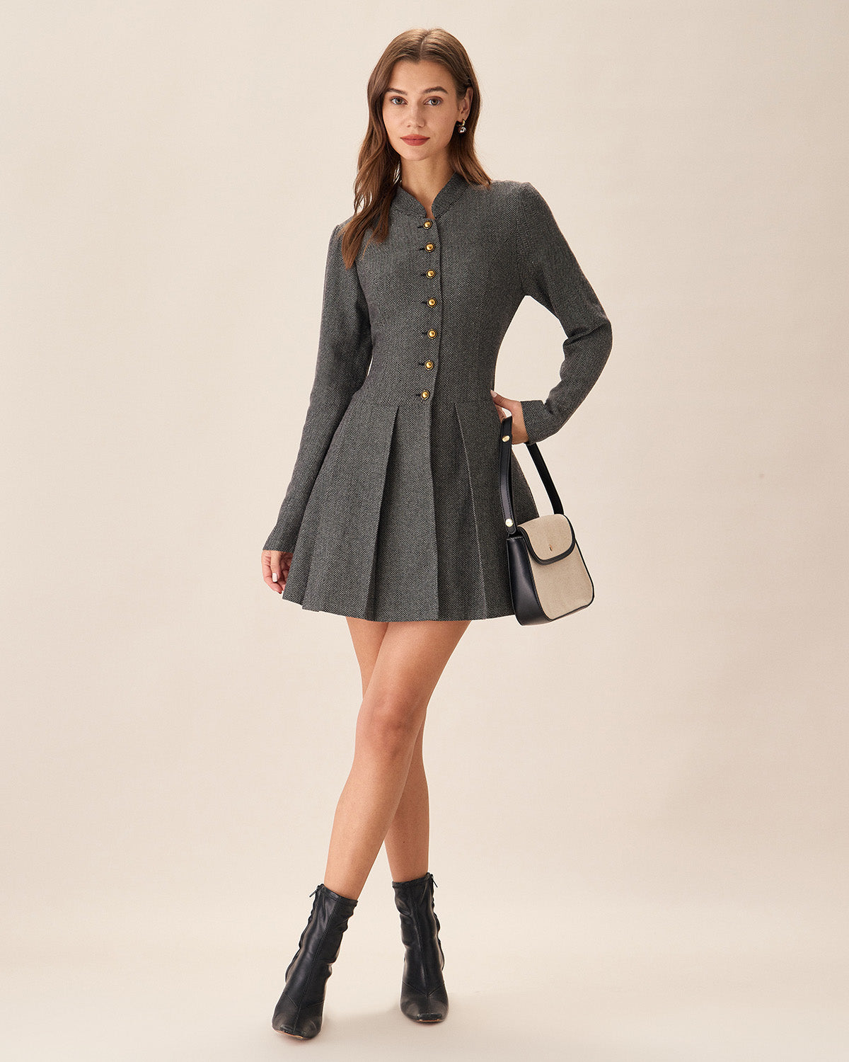 Grey Button Pleated Mini Dress - Threadford