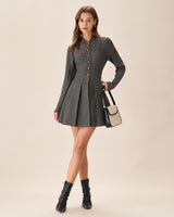 Grey Button Pleated Mini Dress - Threadford
