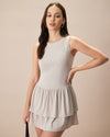 Women's Grey Crew Neck Ruffle Tiered Cotton Mini Dress - Threadford