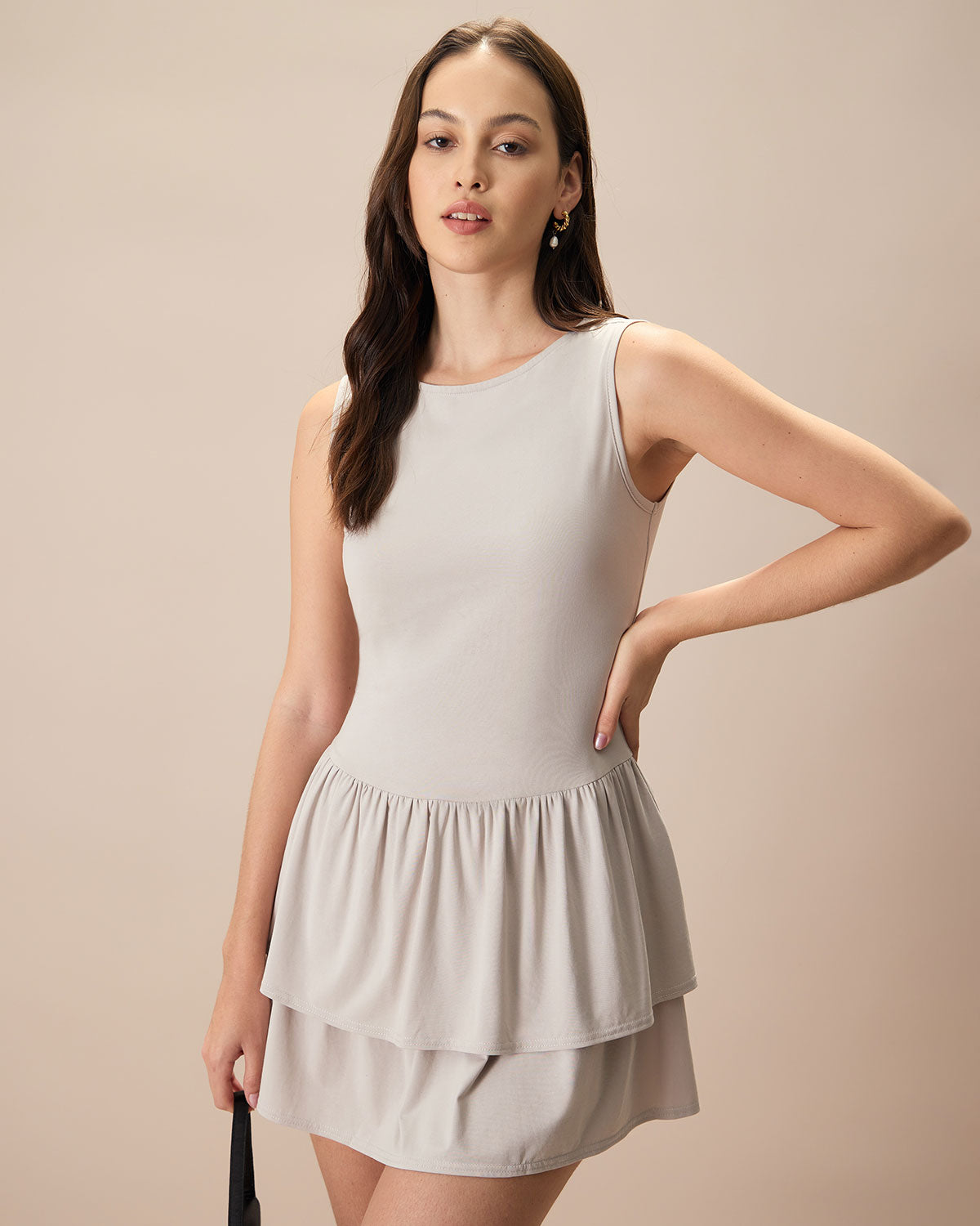 Women's Grey Crew Neck Ruffle Tiered Cotton Mini Dress - Threadford