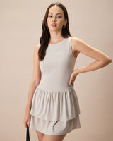Women's Grey Crew Neck Ruffle Tiered Cotton Mini Dress - Threadford