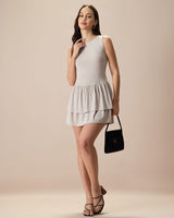 Women's Grey Crew Neck Ruffle Tiered Cotton Mini Dress - Threadford