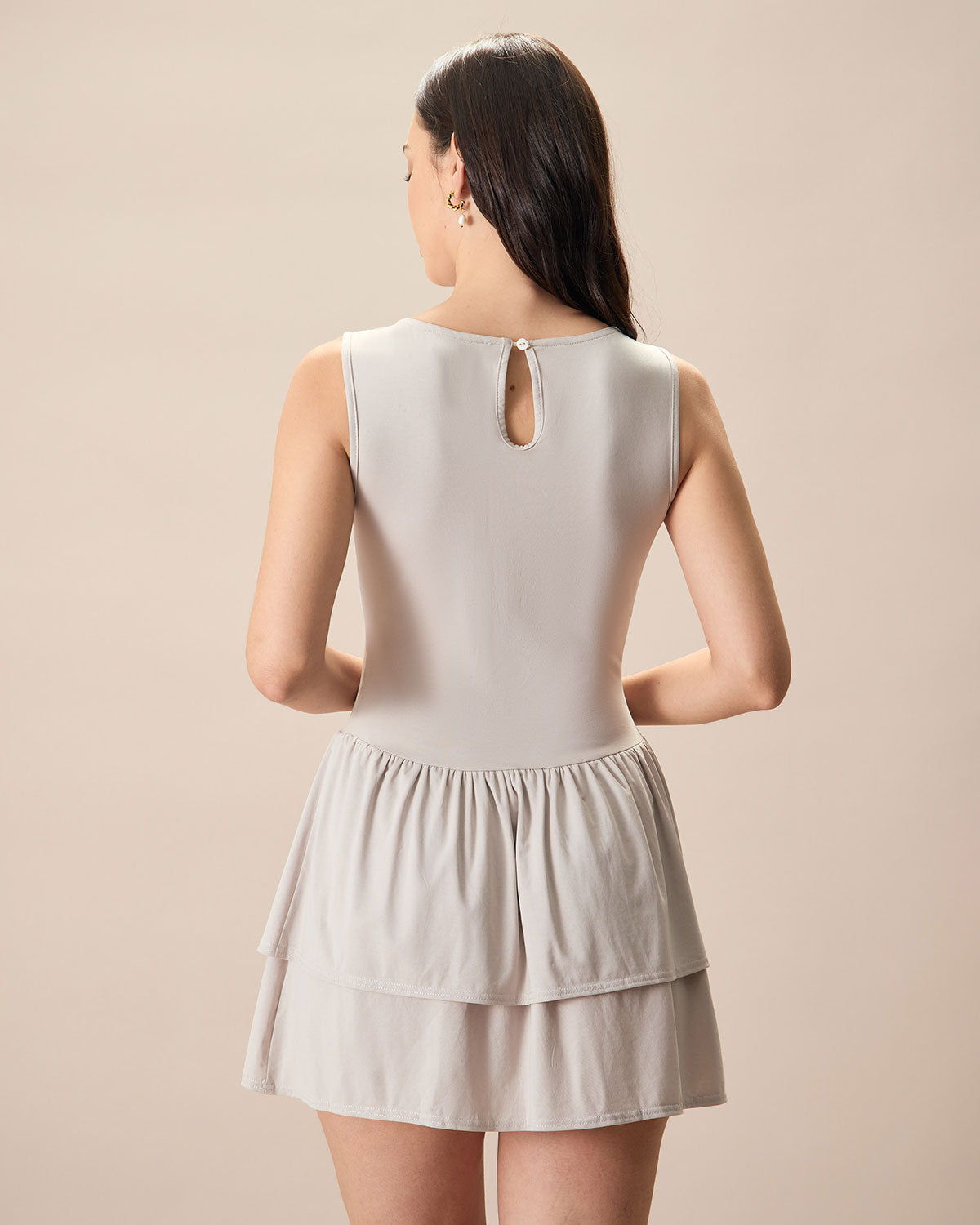 Women's Grey Crew Neck Ruffle Tiered Cotton Mini Dress - Threadford