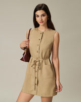 Khaki Round Neck Button Mini Dress - Threadford