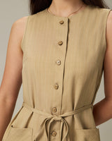 Khaki Round Neck Button Mini Dress - Threadford