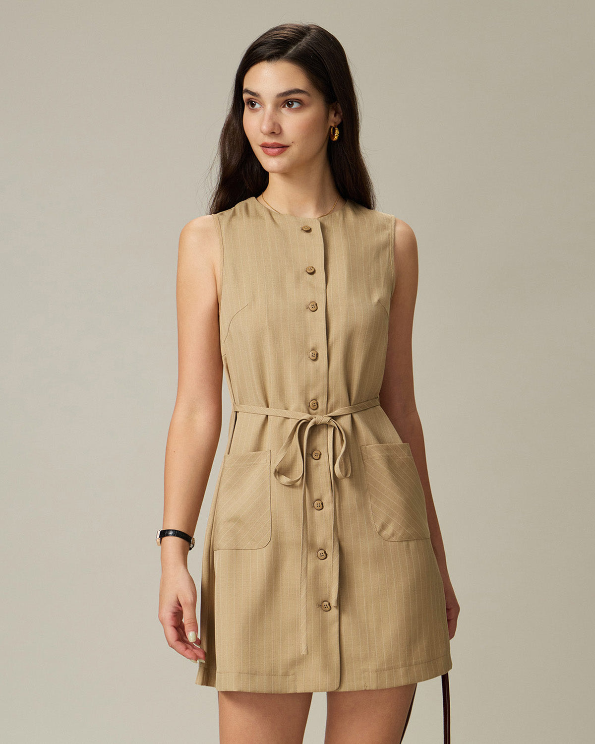 Khaki Round Neck Button Mini Dress - Threadford