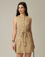 Khaki Round Neck Button Mini Dress - Threadford