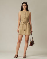 Khaki Round Neck Button Mini Dress - Threadford