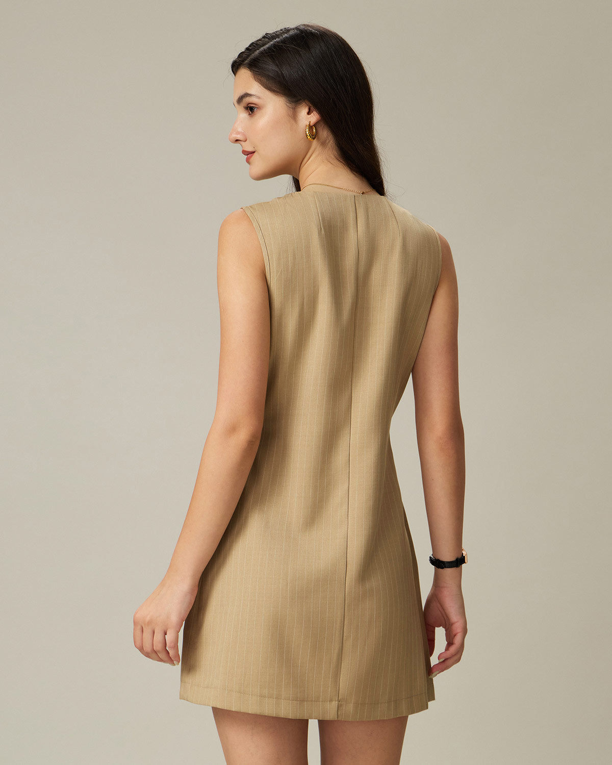Khaki Round Neck Button Mini Dress - Threadford