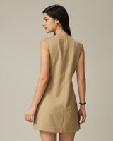 Khaki Round Neck Button Mini Dress - Threadford