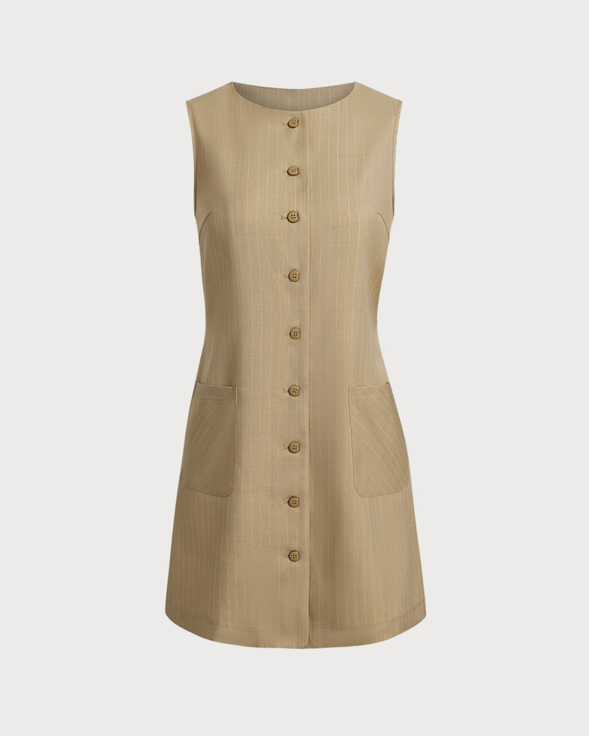 Khaki Round Neck Button Mini Dress - Threadford