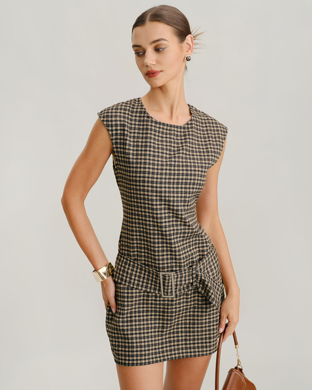 Khaki Round Neck Plaid Belted Mini Dress - Threadford