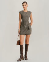 Khaki Round Neck Plaid Belted Mini Dress - Threadford