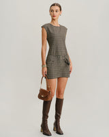 Khaki Round Neck Plaid Belted Mini Dress - Threadford