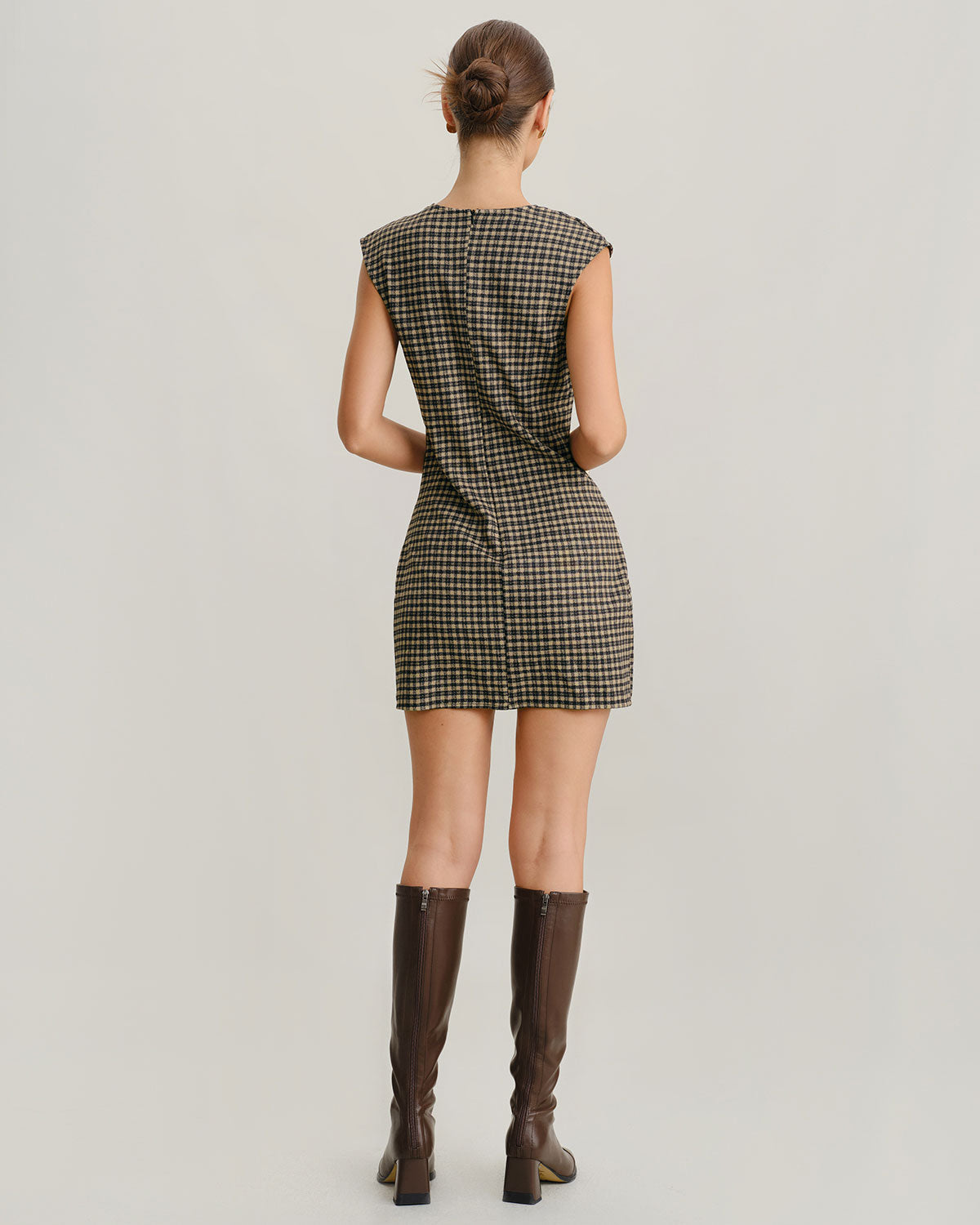 Khaki Round Neck Plaid Belted Mini Dress - Threadford