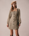 The Khaki Square Neck Plaid Button Mini Dress - Threadford