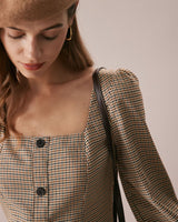 The Khaki Square Neck Plaid Button Mini Dress - Threadford