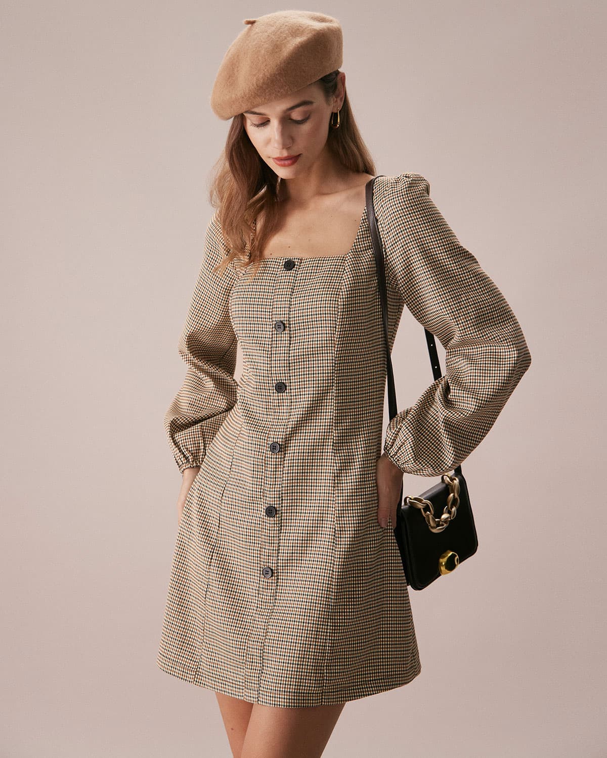 The Khaki Square Neck Plaid Button Mini Dress - Threadford