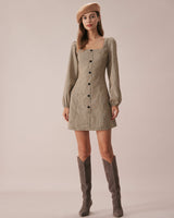 The Khaki Square Neck Plaid Button Mini Dress - Threadford