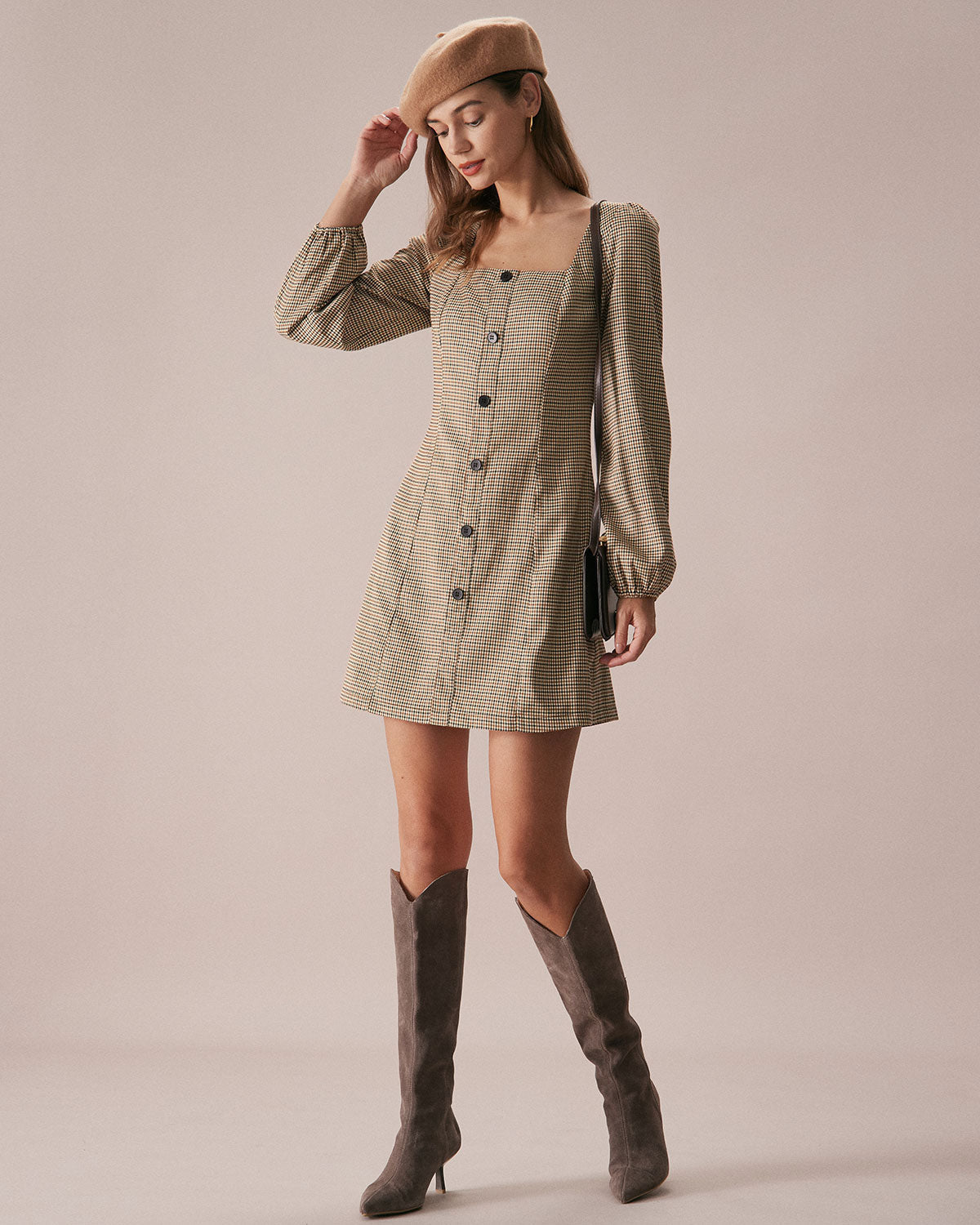 The Khaki Square Neck Plaid Button Mini Dress - Threadford