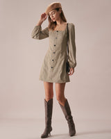 The Khaki Square Neck Plaid Button Mini Dress - Threadford