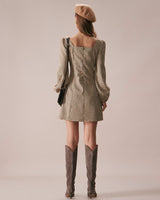 The Khaki Square Neck Plaid Button Mini Dress - Threadford