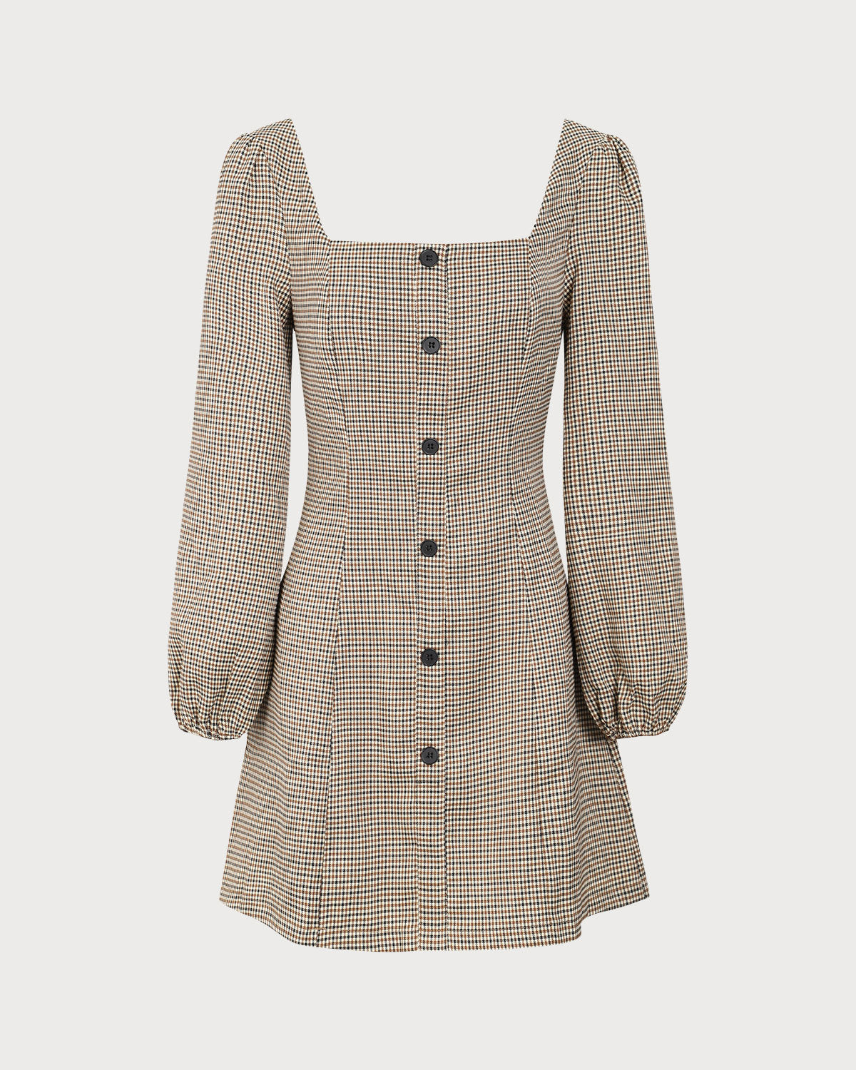 The Khaki Square Neck Plaid Button Mini Dress - Threadford