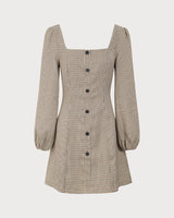 The Khaki Square Neck Plaid Button Mini Dress - Threadford