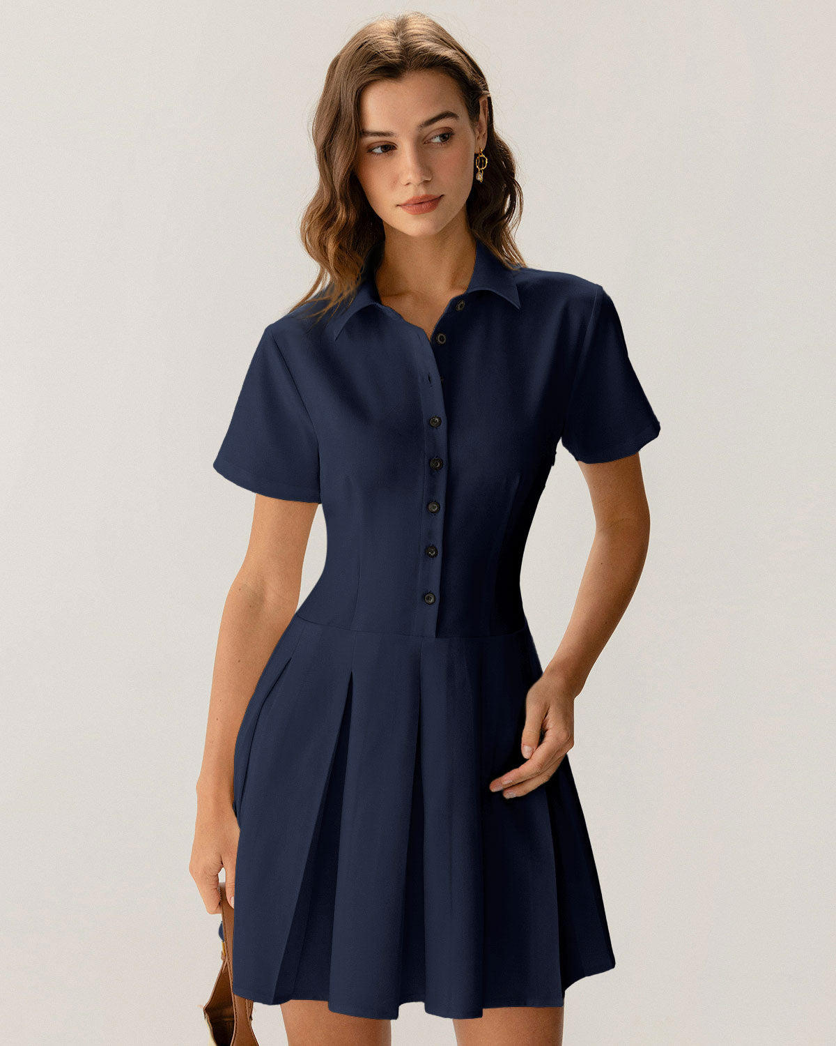 Navy Button Pleated Mini Dress - Threadford