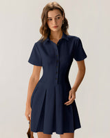 Navy Button Pleated Mini Dress - Threadford