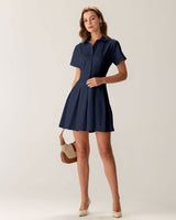 Navy Button Pleated Mini Dress - Threadford