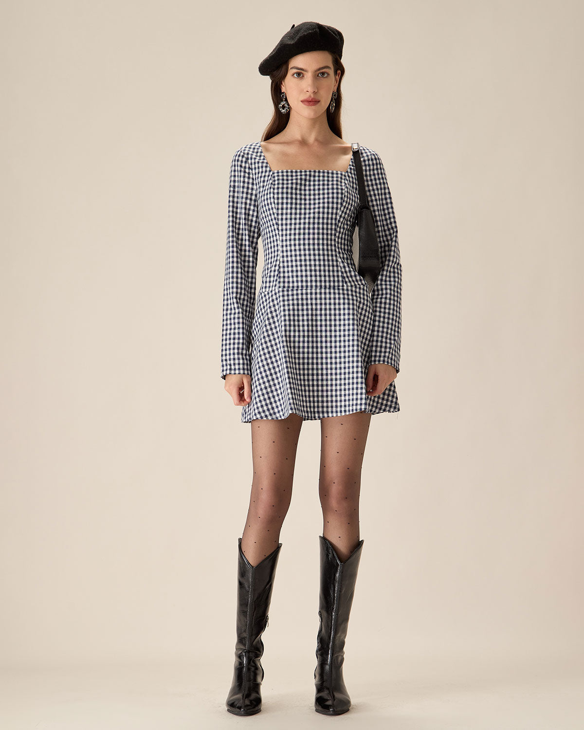 Navy Square Neck Plaid Mini Dress - Threadford