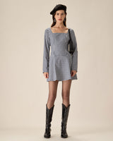 Navy Square Neck Plaid Mini Dress - Threadford