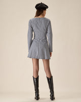 Navy Square Neck Plaid Mini Dress - Threadford