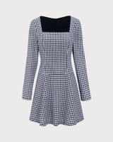 Navy Square Neck Plaid Mini Dress - Threadford
