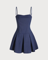 Navy Square Neck Pleated Slip Mini Dress - Threadford