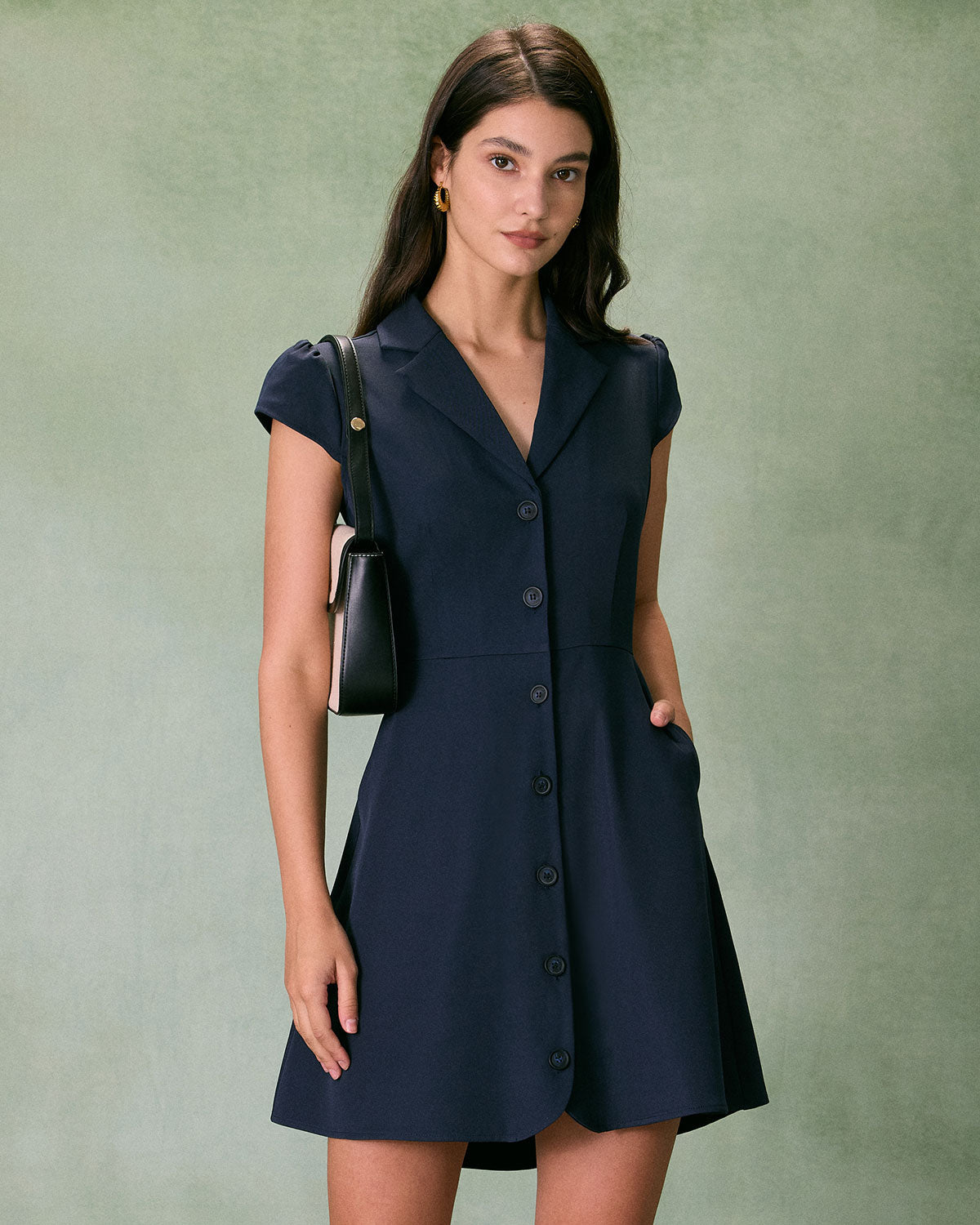 The Navy Lapel Cap Sleeve Button-up Mini Dress - Threadford