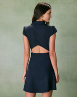 The Navy Lapel Cap Sleeve Button-up Mini Dress - Threadford