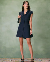 The Navy Lapel Cap Sleeve Button-up Mini Dress - Threadford