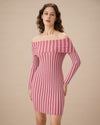 Pink Striped Off The Shoulder Bodycon Sweater Dress - Threadford